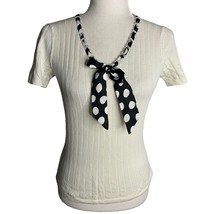 Beaded Short Sleeve Knit Top S Cream Scarf Bow Ribbed Polka Dots - £14.78 GBP