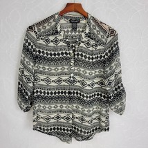 About A Girl Womens Blouse Size Medium Black Bohemian Pattern Button Down Sheer - $23.13