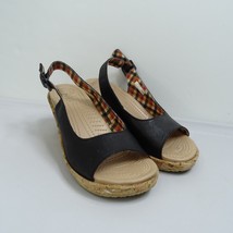 Crocs Sandals 6 A-Leigh Black Leather Cork Wedge Heel Slingback Comfort Shoes - £15.14 GBP