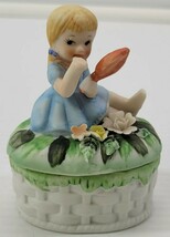 Vintage Girl with Mirror on Grass Basket Ceramic Figurine - $109.13 MXN