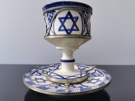 Kiddush Cup Set Fez Pottery with Silver Designs Moroccan Ceramic Judaica Signed - £52.35 GBP