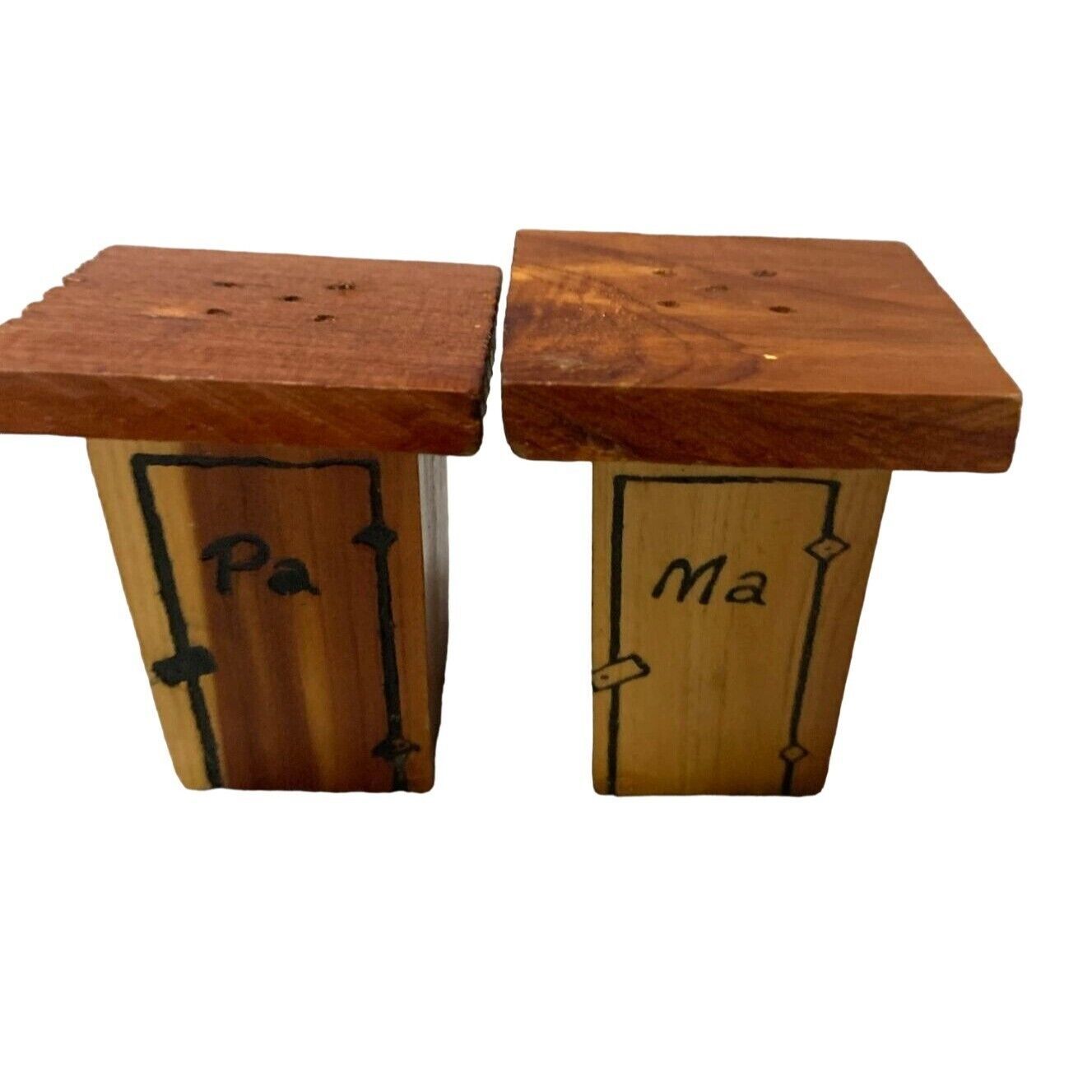 PA MA wooden Outhouse Shack Salt &amp; Pepper Shakers Fun Collectible - $9.89