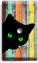 Peeking Black Cat Green Eyes Rustic Wood Light Dimmer Cable Wall Plate Art Decor - £8.21 GBP