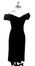 VTG 80s MODA International Black Velvet Dress SZ S Ruched  Ribbon Sleeve... - $78.41