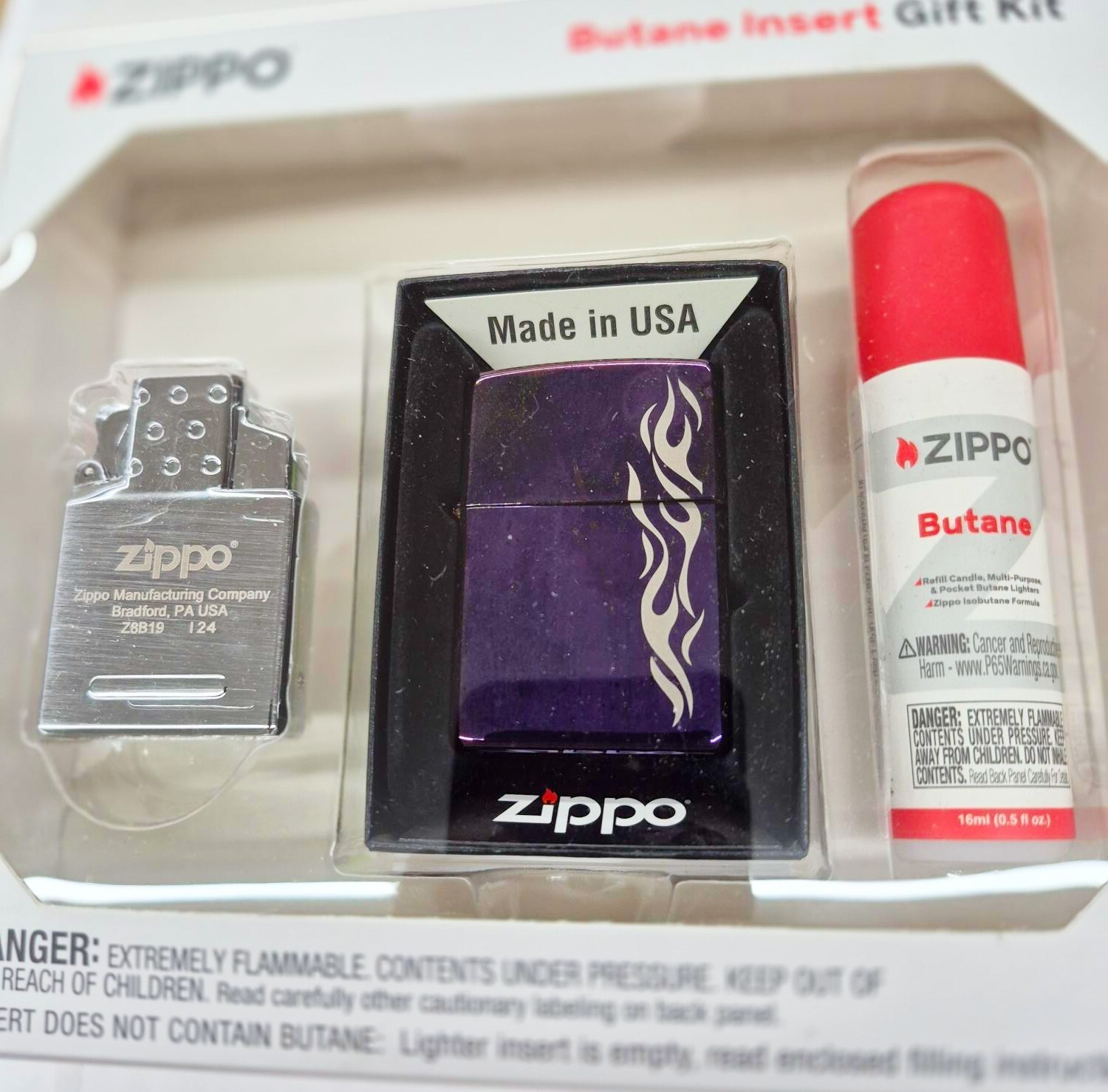 Rare Purple Polished Flames Zippo Lighter Gift Kit - $37.95