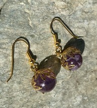 Purple Fluorite Carved Crystal Sphere Earrings Chakra Healing Gold Jewelry 12mm - £8.04 GBP