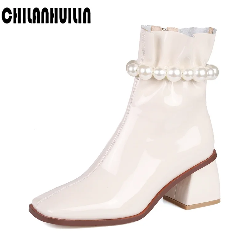 chelsea boots beading strap chain soft leather boots autumn   heel motorcycle bo - £244.00 GBP