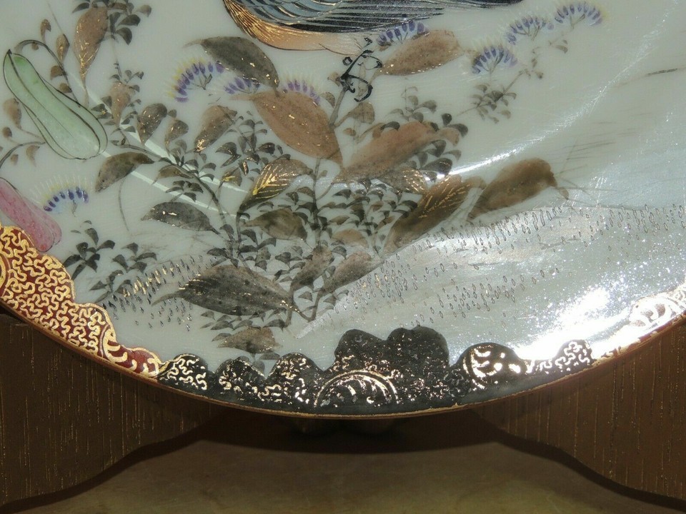Seto Porcelain Plate 8.25" Bird Lily Lilies flower Japanese 19th Meiji Antique Item image 6
