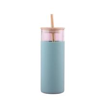 Bamboo Lid Glass Tumbler Straw Water Bottle With Silicone Cover Beverage Cup - £16.74 GBP
