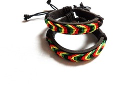 Set of 2 RASTA COLORS WOVEN CORD ON BLACK LEATHER BRACELET SLIDE STRING ... - $6.99