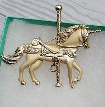 VTG 1980s Unicorn Horse Carousel Brooch Pin Gold Tone Rhinestones 3&quot;  *R... - £13.19 GBP