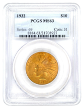 1932 $10 Gold Indian Eagle Graded by PCGS as MS63! Nice Early US Gold - $3,557.76