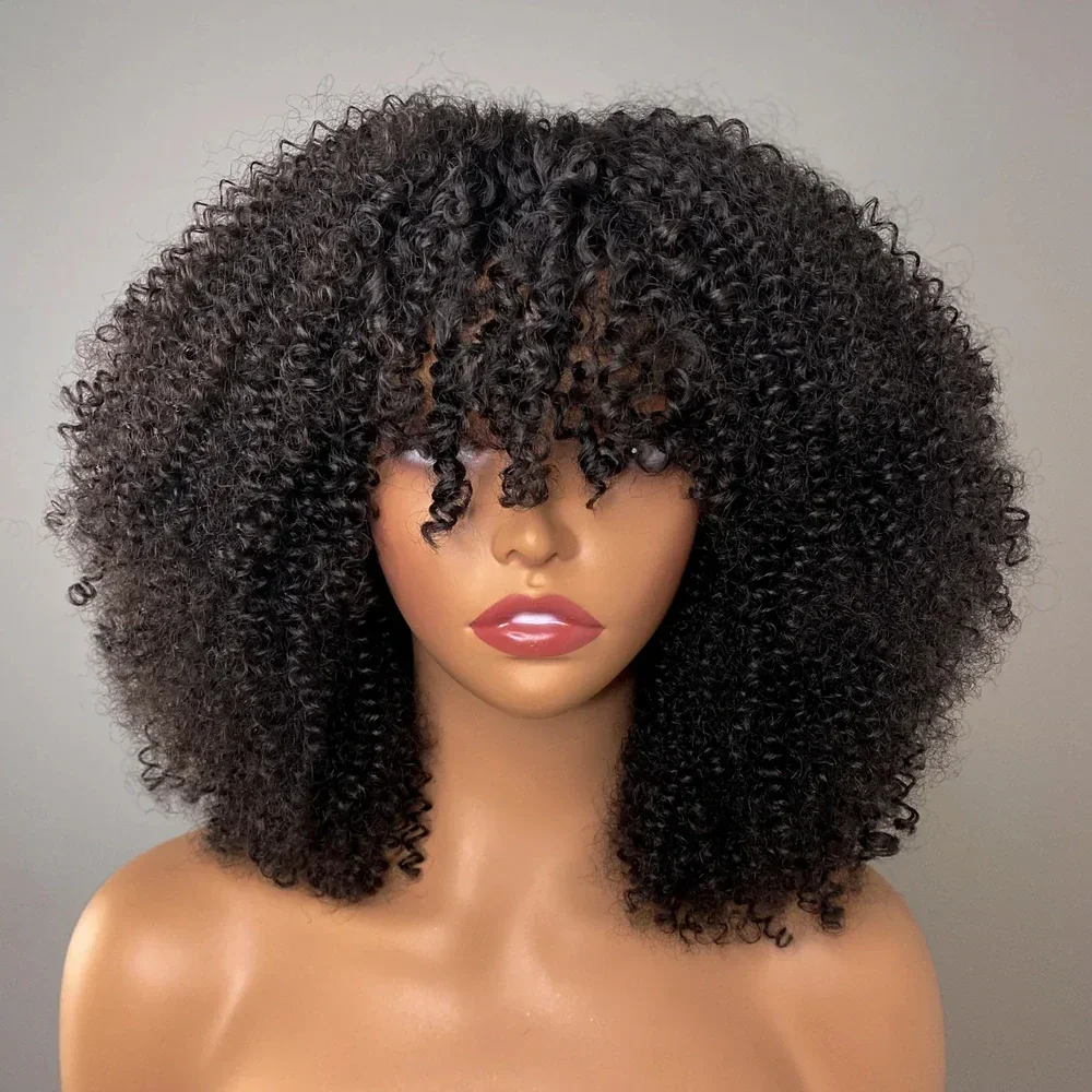 Afro Kinky Curly Wigs with Bangs 200% Density Brazilian Remy Human Hair Fu - £63.63 GBP+