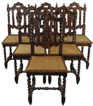 Antique Dining Chairs Set 6 French Hunting Renaissance Carved Oak Wood Cane 1890 - £2,780.46 GBP