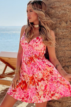 Red Floral Spaghetti Strap Surplice Neck Shirred Waist Mini Dress - $18.31