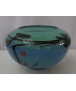 Studio Art Glass Vase Bowl unsigned Blue Black Red 8 1/2&quot; Diameter - £97.73 GBP