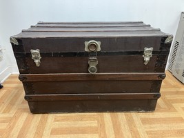 Vintage WOOD STEAMER TRUNK chest coffee table storage box antique wooden... - $1,522.72 MXN