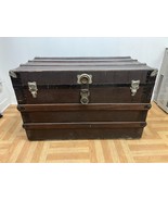 Vintage WOOD STEAMER TRUNK chest coffee table storage box antique wooden... - $110.17 CAD