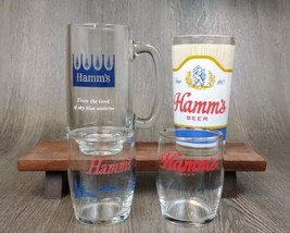 4 Vintage Hamm&#39;s Beer Barrel Mug Tasting Glasses Rare Blue Crown Logo Lot Bar - £55.49 GBP