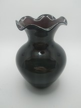 Vtg Black Amethyst Glass Vase With Ruffled Edge 4 In Tall x 3in Wide Cranberry - £13.01 GBP