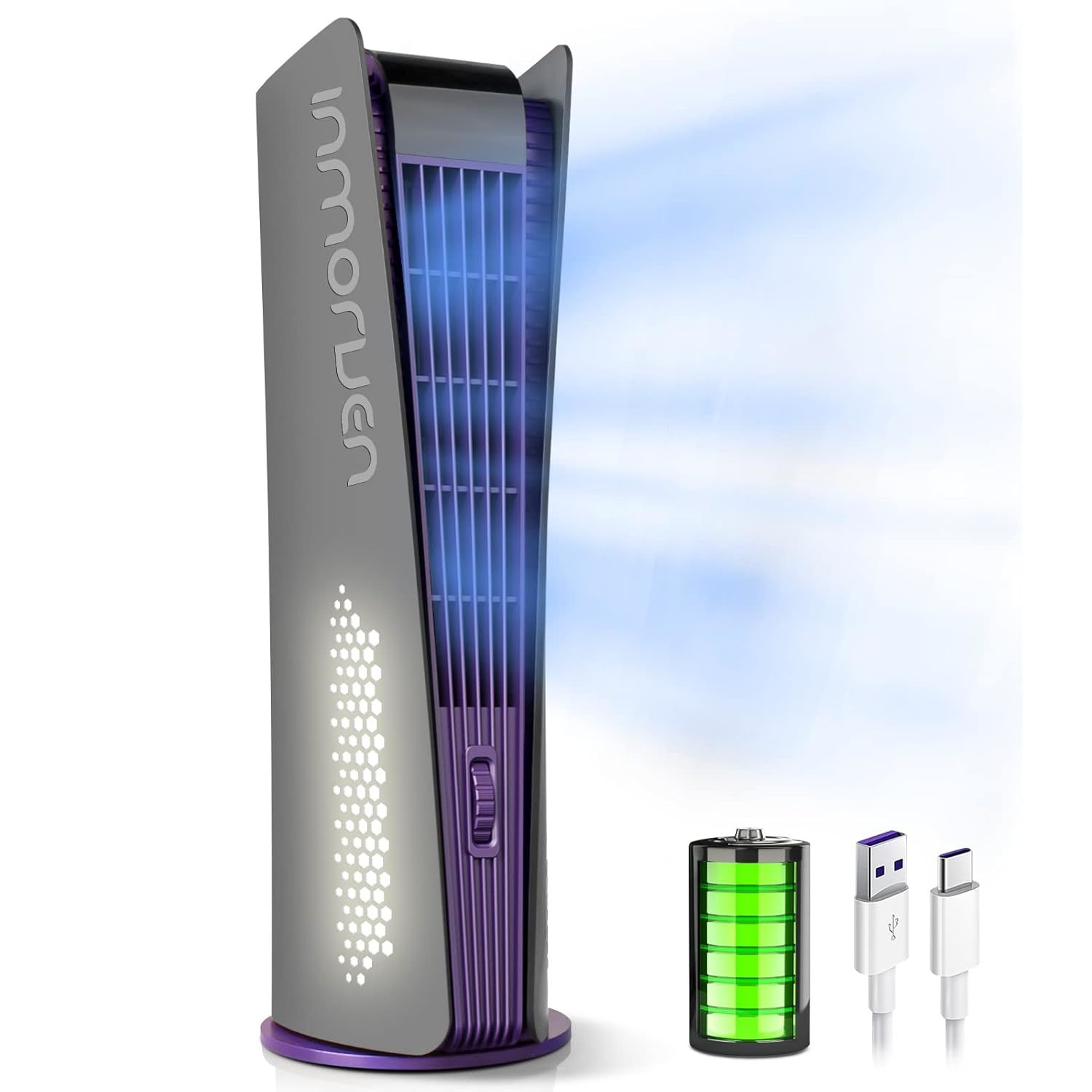 Bladeless Tower Fan, 10000Mah Battery Operated Portable Fan With 3 Speeds, Timer