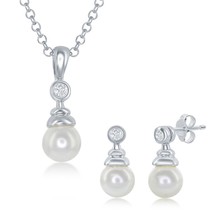 Hanging Pearl Pendant &amp; Earrings CZ Set W/Chain - £52.01 GBP