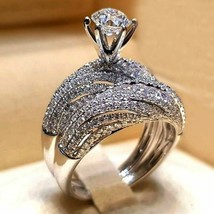 14K White Gold Plated Silver Moissanite Engagement Band Bridal 2 PC Set Ring - £73.56 GBP