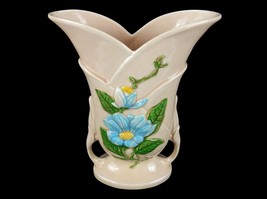 Hull Pottery Porcelain Vase, 2-Handles, H-13, 10 1/2&quot;, Pink w/Blue Magnolias - £22.92 GBP