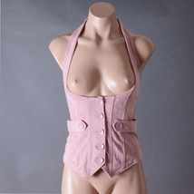 Pink Faux Suede Steampunk Victorian Evening Underbust Waistcoat Corset Vest Top - £26.15 GBP