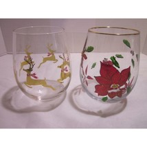 Christmas Stemless Wine Glass Lot Of 2 Riendeer Poinsettas Mixed Drink Tumbler - £11.95 GBP
