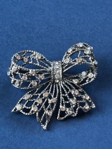 Large Silvertone Lacey Ribbon Bow w Clear Rhinestone Accents Brooch Pin – 2 x 2 - £11.64 GBP