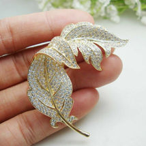 Pin Brooch 1Ct Round Cut Simulated Diamond Leaf Shape 925 Silver Gold Plated - $157.99