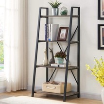 Dark Gray Oak Bon Augure Rustic Ladder Bookshelf, 4 Tier Industrial Ladder Shelf - £96.68 GBP