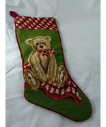 Needlepoint stocking Teddy Bear Christmas velvet back 18&quot; Very Nice - $32.46 CAD