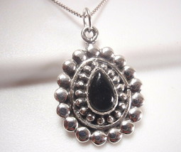 Black Onyx Necklace Encircled with Silver Dot Accents 925 Sterling Silver - £14.32 GBP