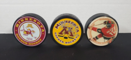 Minnesota Gopher Hockey Pucks! Lot of 3! One Autographed! -14 - £52.94 GBP