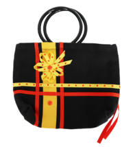 Vintage black corduroy purse with red &amp; yellow polka dot ribbon accents - $44.99