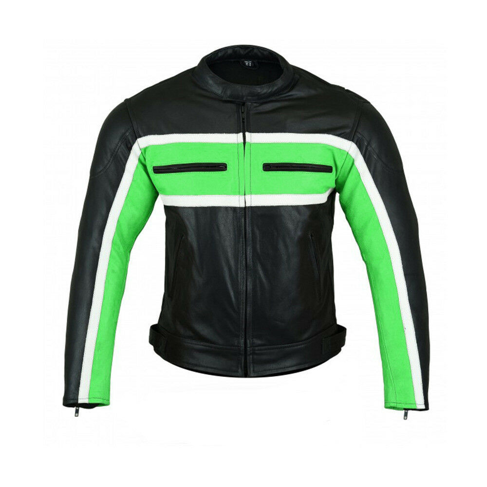 Men Black Green Contrast White Stripes Biker Genuine Leather Safety Pads Jacket