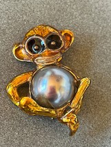 Orange Enamel Monkey w Big Black Eyes &amp; Faux Gray Pearl Belly Figural Pin Brooch - £7.49 GBP