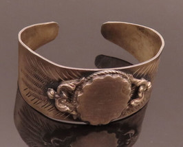 925 Sterling Silver - Vintage 1939 Ancient  3D Carved Cuff Bracelet - BT10051 - £122.76 GBP