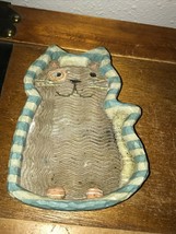 Cute Tan w Blue &amp; Cream Striped Edge Kitty Cat Resin Soap Dish or Other ... - $10.39
