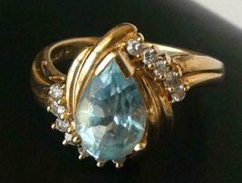 Estate 14k Yellow Gold Over 2.25 Ct Pear Cut Aquamarine &amp; Diamond Wedding Ring - £70.39 GBP