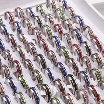 Fashion 50pcs/lot Stainless Steel 6mm Multicolor Rhinestone Rings For Men Women  - £26.30 GBP
