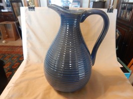 Decorative Blue Ceramic Pitcher Horizontal Ribs for Artificial Flowers Display - £63.94 GBP