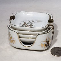 Vintage Lefton China 4 Personal Ashtrays in Holder Wheat Gold 40124 Hand Painted - $20.95