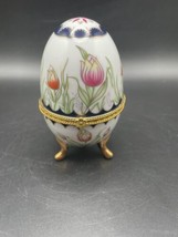 Vintage Porcelain Hinged Footed Egg Shaped Trinket Box Floral Gold Trim Snap - $27.74