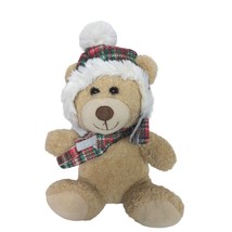 Hugfun Christmas Tan Teddy Bear Plaid Scarf Stocking Hat Plush Stuffed 9.5&quot; - £11.61 GBP