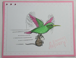 House Mouse Humming Bird Handmade Card Cutest Baby Special Delivery Pink White - £4.89 GBP