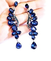 Rhinestone Chandelier Earrings, Navy Blue Drop Earrings, Gothic Prom or Pageant  - £28.38 GBP