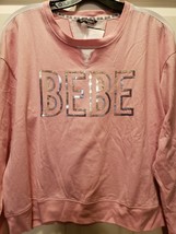 Bebe Sport Top Large PEONY L Sleeve Sheer White Stripe On Arm Sequins Silver $49 - £15.68 GBP